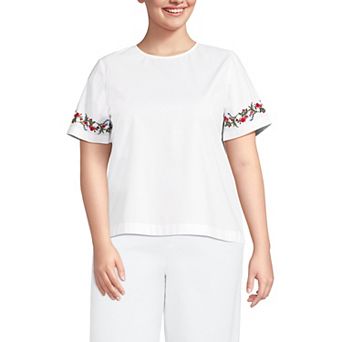 Plus Lands' End Short Sleeve Eyelet Poplin Shirt