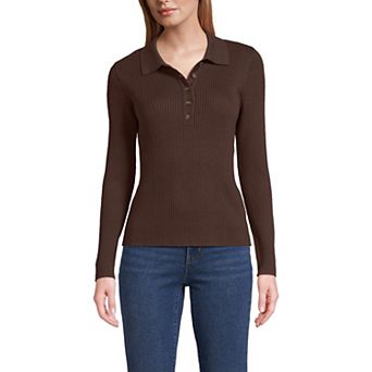 Women's Lands' End Cotton Ribbed Long Sleeve Polo Sweater