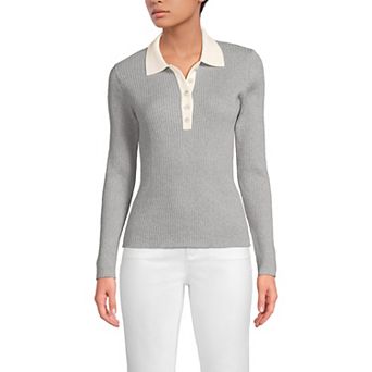Women's Lands' End Cotton Ribbed Long Sleeve Polo Sweater