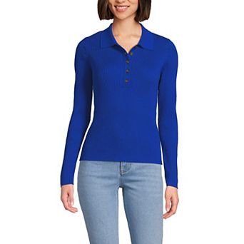 Women's Lands' End Cotton Ribbed Long Sleeve Polo Sweater