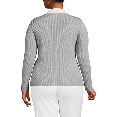 Plus Size Lands' End Cotton Ribbed Long Sleeve Polo Sweater