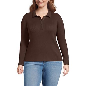 Plus Size Lands' End Cotton Ribbed Long Sleeve Polo Sweater