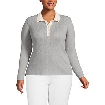 Plus Size Lands' End Cotton Ribbed Long Sleeve Polo Sweater
