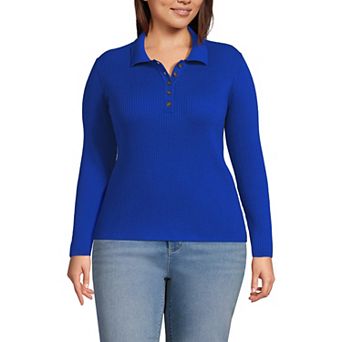 Plus Size Lands' End Cotton Ribbed Long Sleeve Polo Sweater