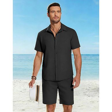 COOFANDY Men 2 Piece Sets Cotton Linen Set Short Sleeve Button Down Shirts Beach Shorts Cruise