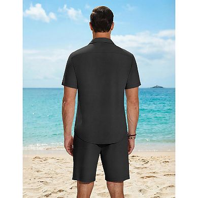 COOFANDY Men 2 Piece Sets Cotton Linen Set Short Sleeve Button Down Shirts Beach Shorts Cruise