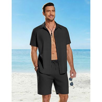 COOFANDY Men 2 Piece Sets Cotton Linen Set Short Sleeve Button Down Shirts Beach Shorts Cruise
