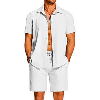 COOFANDY Men 2 pc Sets Cotton Linen Set Short Sleeve Button Down Shirts Beach Shorts Cruise