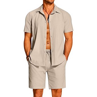 COOFANDY Men 2 pc Sets Cotton Linen Set Short Sleeve Button Down Shirts Beach Shorts Cruise