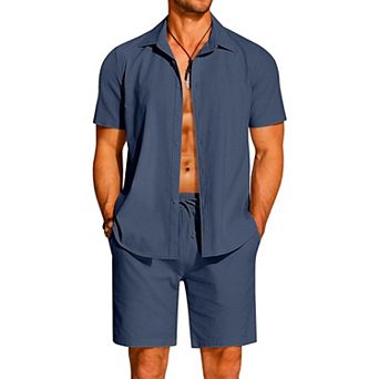 COOFANDY Men 2 pc Sets Cotton Linen Set Short Sleeve Button Down Shirts Beach Shorts Cruise