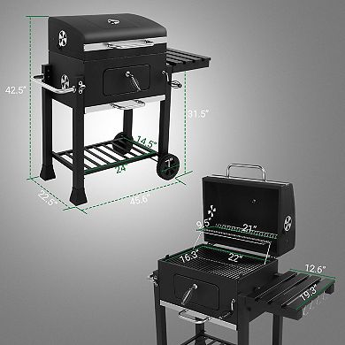 Charcoal BBQ Grill with Adjustable Charcoal Pan, Side Table and Warming Rack