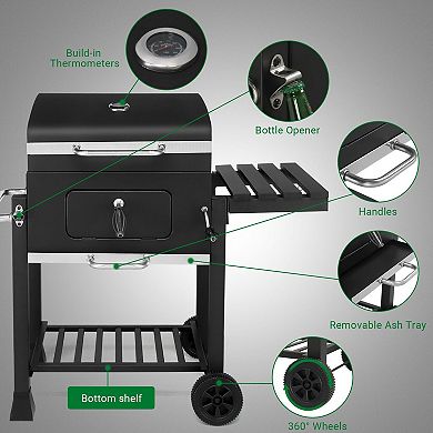 Charcoal BBQ Grill with Adjustable Charcoal Pan, Side Table and Warming Rack