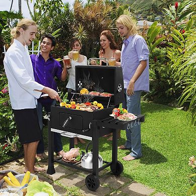 Charcoal BBQ Grill with Adjustable Charcoal Pan, Side Table and Warming Rack