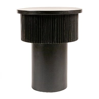 Hello Honey Round Mango Wood Tiered Pedestal Side Table with Ribbed Details, Black