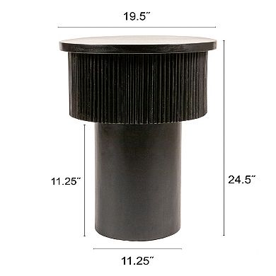 Hello Honey Round Mango Wood Tiered Pedestal Side Table with Ribbed Details, Black