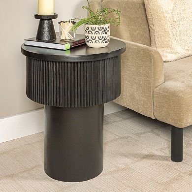 Hello Honey Round Mango Wood Tiered Pedestal Side Table with Ribbed Details, Black