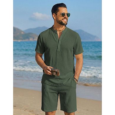COOFANDY Men' 2 Pieces Short Set Casual Henley Shirt and Shorts Textured Summer Beach Vacation