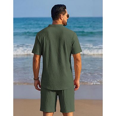 COOFANDY Men' 2 Pieces Short Set Casual Henley Shirt and Shorts Textured Summer Beach Vacation