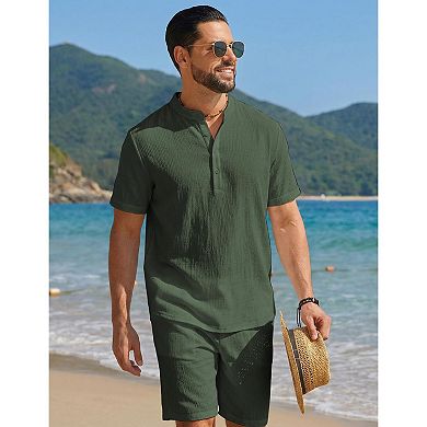COOFANDY Men' 2 Pieces Short Set Casual Henley Shirt and Shorts Textured Summer Beach Vacation