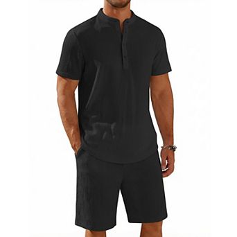 COOFANDY Men' 2 pc Short Set Casual Henley Shirt and Shorts Textured Summer Beach Vacation
