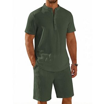 COOFANDY Men' 2 pc Short Set Casual Henley Shirt and Shorts Textured Summer Beach Vacation