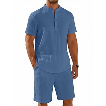 COOFANDY Men' 2 pc Short Set Casual Henley Shirt and Shorts Textured Summer Beach Vacation
