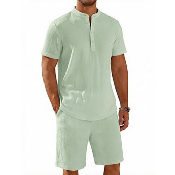 COOFANDY Men' 2 pc Short Set Casual Henley Shirt and Shorts Textured Summer Beach Vacation