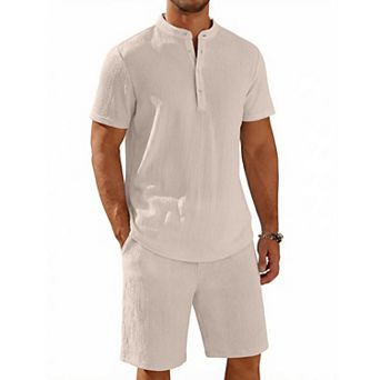 COOFANDY Men' 2 pc Short Set Casual Henley Shirt and Shorts Textured Summer Beach Vacation