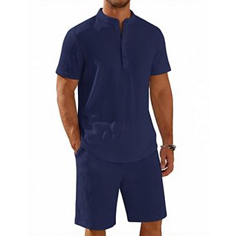 COOFANDY Men' 2 pc Short Set Casual Henley Shirt and Shorts Textured Summer Beach Vacation