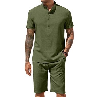 COOFANDY Men' 2 pc Linen Short Set Short Sleeve Henley Shirt Casual Shorts Vacation Outfits