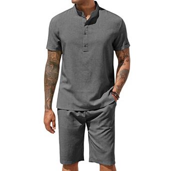 COOFANDY Men' Linen Pants Short Sets 2 pc Summer Shirts Beach Shorts Casual Party Yoga Outfits