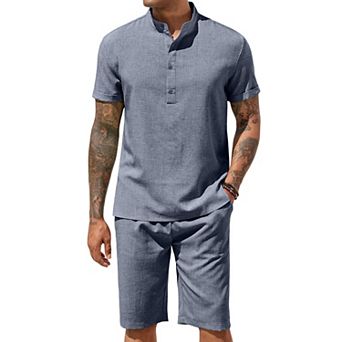 COOFANDY Men' Linen Pants Short Sets 2 pc Summer Shirts Beach Shorts Casual Party Yoga Outfits