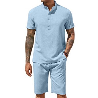 COOFANDY Men' Linen Pants Short Sets 2 pc Summer Shirts Beach Shorts Casual Party Yoga Outfits