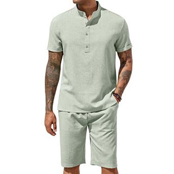 COOFANDY Men' Linen Pants Short Sets 2 pc Summer Shirts Beach Shorts Casual Party Yoga Outfits