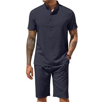COOFANDY Men' Linen Pants Short Sets 2 pc Summer Shirts Beach Shorts Casual Party Yoga Outfits