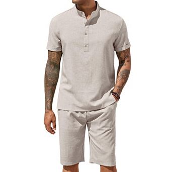 COOFANDY Men' 2 pc Linen Short Set Short Sleeve Henley Shirt Casual Shorts Vacation Outfits