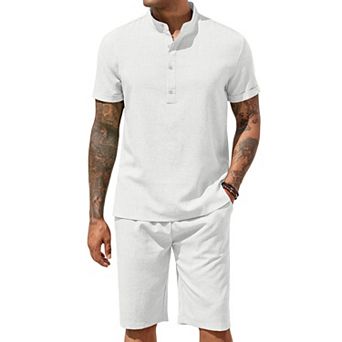 COOFANDY Men' Linen Pants Short Sets 2 pc Summer Shirts Beach Shorts Casual Party Yoga Outfits