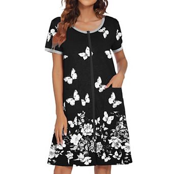 Ekouaer Women Zipper Front House Coat Short Sleeves Robe Zip Up Bathrobes Short Nightgown