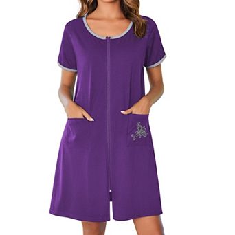 Ekouaer Women Zipper Front House Coat Short Sleeves Robe Zip Up Bathrobes Short Nightgown