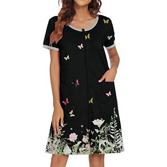 Ekouaer Women Zipper Front House Coat Short Sleeves Robe Zip Up Bathrobes Short Nightgown