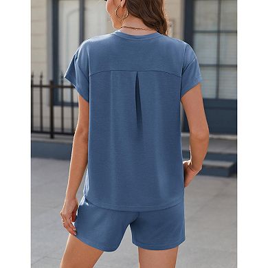 Pinspark Women's 2 Piece Breathable Matching Set Crew Neck Drop Shoulder Short Travel Outfit