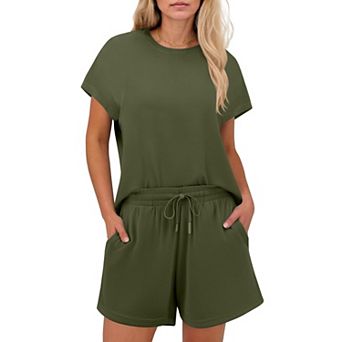 PINSPARK Women's 2 pc Breathable Matching Set Crew Neck Drop Shoulder Short Travel Outfit