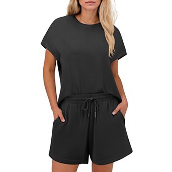 PINSPARK Women's 2 pc Breathable Matching Set Crew Neck Drop Shoulder Short Travel Outfit