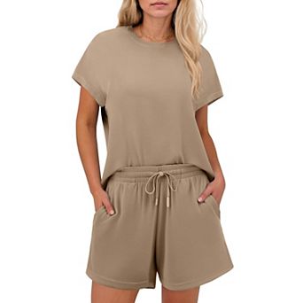 Pinspark Women's 2 pc Breathable Matching Set Crew Neck Drop Shoulder Short Travel Outfit