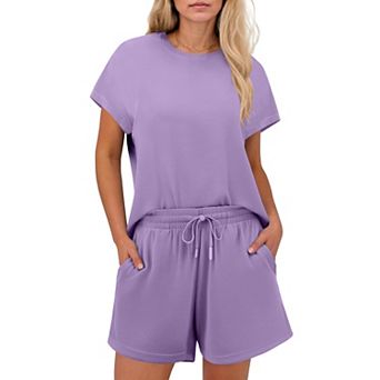 Pinspark Women's 2 pc Breathable Matching Set Crew Neck Drop Shoulder Short Travel Outfit