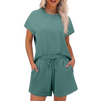 PINSPARK Women's 2 pc Breathable Matching Set Crew Neck Drop Shoulder Short Travel Outfit