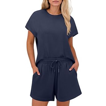 PINSPARK Women's 2 pc Breathable Matching Set Crew Neck Drop Shoulder Short Travel Outfit