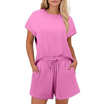 PINSPARK Women's 2 pc Breathable Matching Set Crew Neck Drop Shoulder Short Travel Outfit
