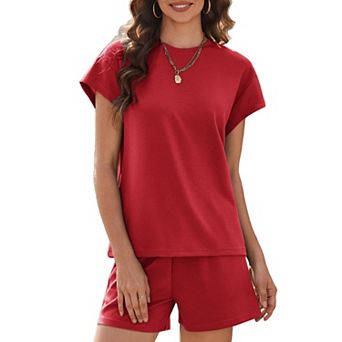 PINSPARK Women's 2 pc Breathable Matching Set Crew Neck Drop Shoulder Short Travel Outfit