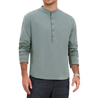 Men's Cotton Henley T-Shirt Long Sleeve Button Pullover Basic T-Shirts
